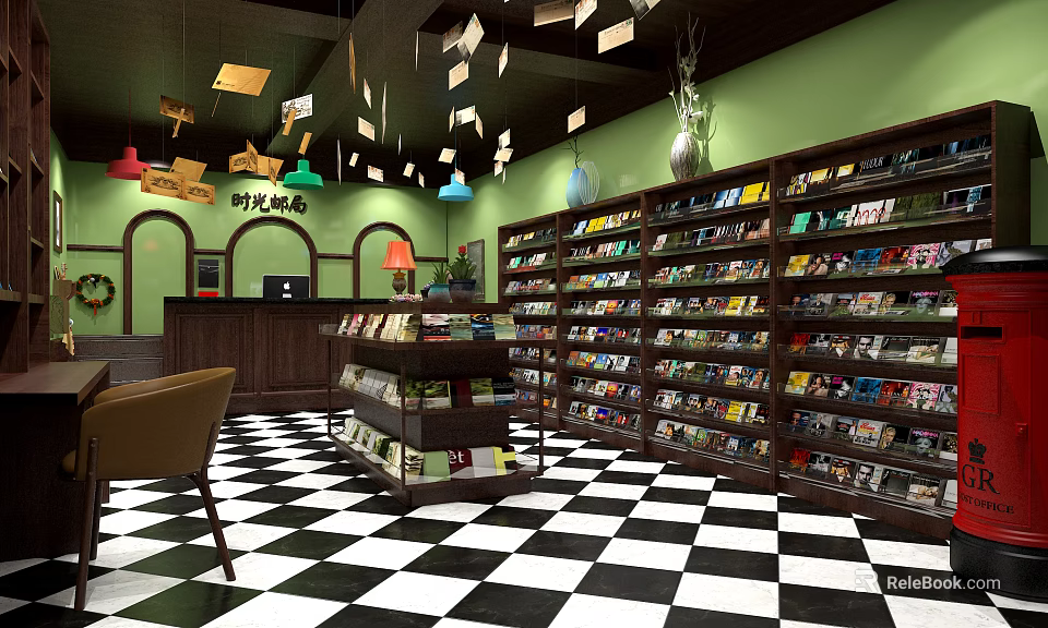 Bookstore Store Front Desk With Green Walls Bookshelves Hanging Lamps And Checkered Floor 3d model 