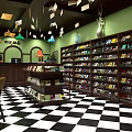 Bookstore Store Front Desk With Green Walls Bookshelves Hanging Lamps And Checkered Floor