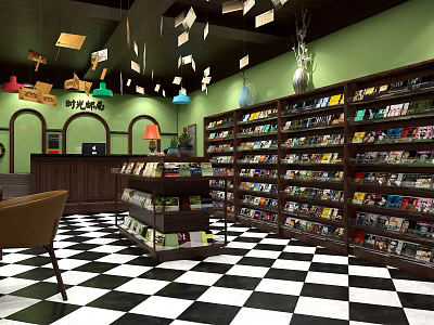 Bookstore Store Front Desk With Green Walls Bookshelves Hanging Lamps And Checkered Floor 3d model