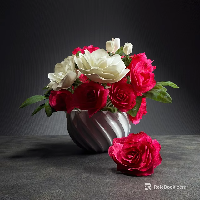 Red And White Roses In Striped Vase With Single Red Rose On Dark Table 3d model 