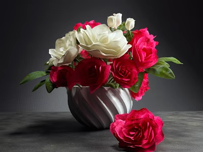 Red And White Roses In Striped Vase With Single Red Rose On Dark Table 3d model