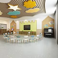 Bright Kindergarten Classroom with Cloud Shaped Lights Yellow Walls and White Round Tables