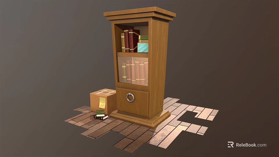 Wooden Bookcase With Glass Door Books And Small Box On Wooden Floor Tiles 3d model 