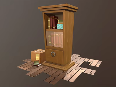 Wooden Bookcase With Glass Door Books And Small Box On Wooden Floor Tiles 3d model