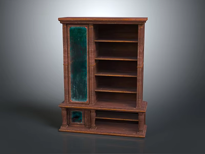 Vintage Wooden Display Cabinet With Green Glass Door And Multiple Wooden Shelves 3d model