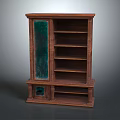 Vintage Wooden Display Cabinet With Green Glass Door And Multiple Wooden Shelves