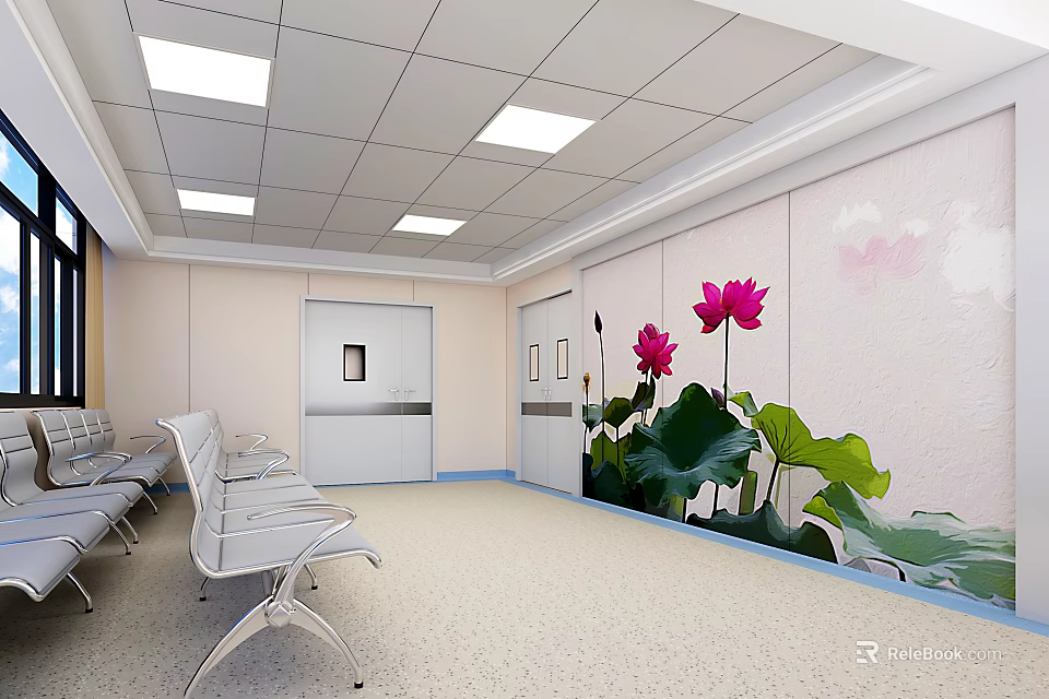Modern Waiting Room With White Chairs Ceiling Lights White Doors And Lotus Decorations 3d model 