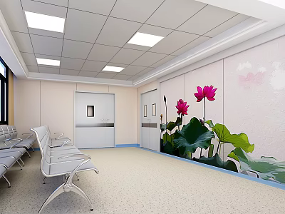 Modern Waiting Room With White Chairs Ceiling Lights White Doors And Lotus Decorations 3d model