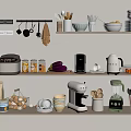 Organized Kitchen Interior With Multiple Shelves Displaying Various Kitchenware Appliances And Fresh Ingredients