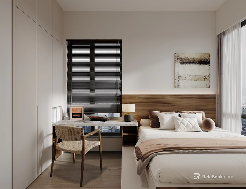 Modern Hotel Guest Room Interior With Wooden Headboard Bed Desk Chair And Window Blinds 3d model 