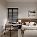 Modern Hotel Guest Room Interior With Wooden Headboard Bed Desk Chair And Window Blinds