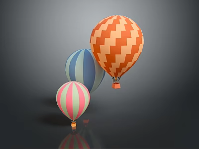 Three Colorful Hot Air Balloons With Patterned Designs On Gray Background 3d model