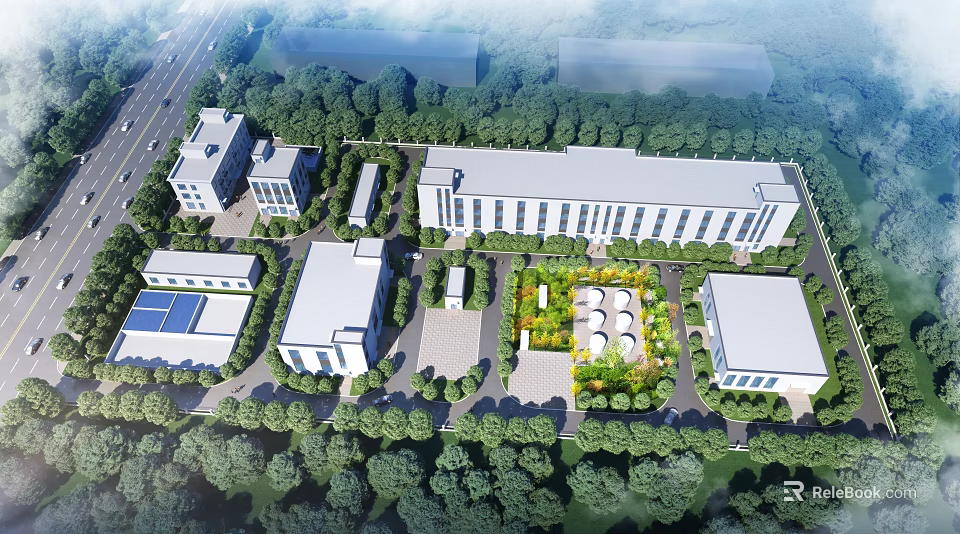 Aerial View Of Industrial Factory Park With Well Designed Layout And Surrounding Greenery 3d model 