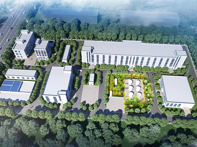 Aerial View Of Industrial Factory Park With Well Designed Layout And Surrounding Greenery 3d model