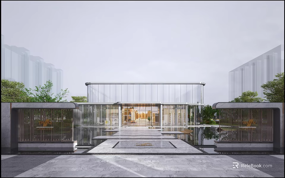 Modern Residential Building Entrance With Glass Structure Water Feature And Spacious Greenery Area 3d model 