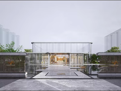 Modern Residential Building Entrance With Glass Structure Water Feature And Spacious Greenery Area 3d model
