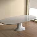 Oval White Dining Table With Pedestal Base In Wooden Floor Room Near Window