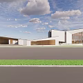Modern Sales Office Building With Glass Facade White Walls Wooden Elements And Lawn Area