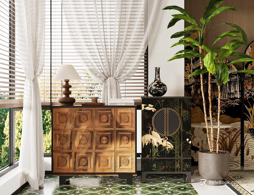 Stylish Chest of Drawers in Interior With Large Plant Window Curtains And Decor 3d model 