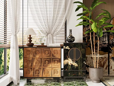 Stylish Chest of Drawers in Interior With Large Plant Window Curtains And Decor 3d model
