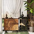 Stylish Chest of Drawers in Interior With Large Plant Window Curtains And Decor