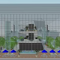 Modern Clubhouse Architecture With Glass Facade Multi Level Interior Green Plants And People Gathering