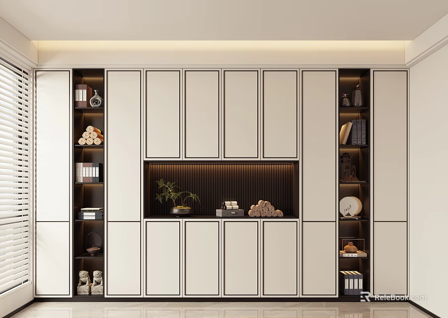 Modern Shoe Cabinet With Storage Design Open Shelves And Decorative Items 3d model 