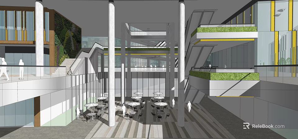 Modern Commercial Complex Interior With Green Living Wall Multi Level Open Space 3d model 