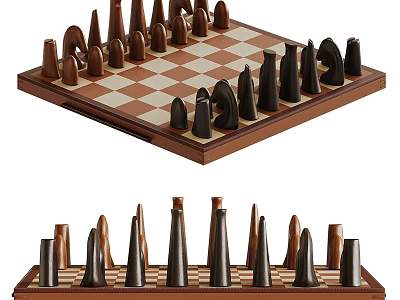 Classic Chessboard With Brown And Black Pieces On Wooden Surface 3d model
