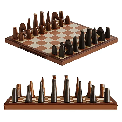 Classic Chessboard With Brown And Black Pieces On Wooden Surface 3d model