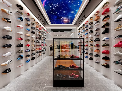 Starry Sky Ceiling Shoe Store Interior with Walls Lined Various Shoes and Central Glass 3d model