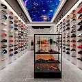 Starry Sky Ceiling Shoe Store Interior with Walls Lined Various Shoes and Central Glass