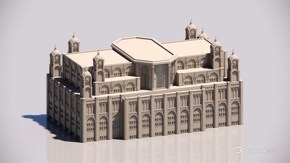 Classical Building Model With Symmetrical Towers Arched Windows And Intricate Stone Facade 3d model 