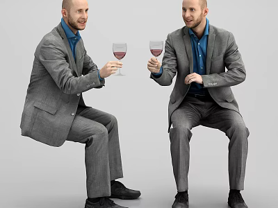 Two Men in Suits Holding Wine Glasses Sitting Facing Each Other 3d model