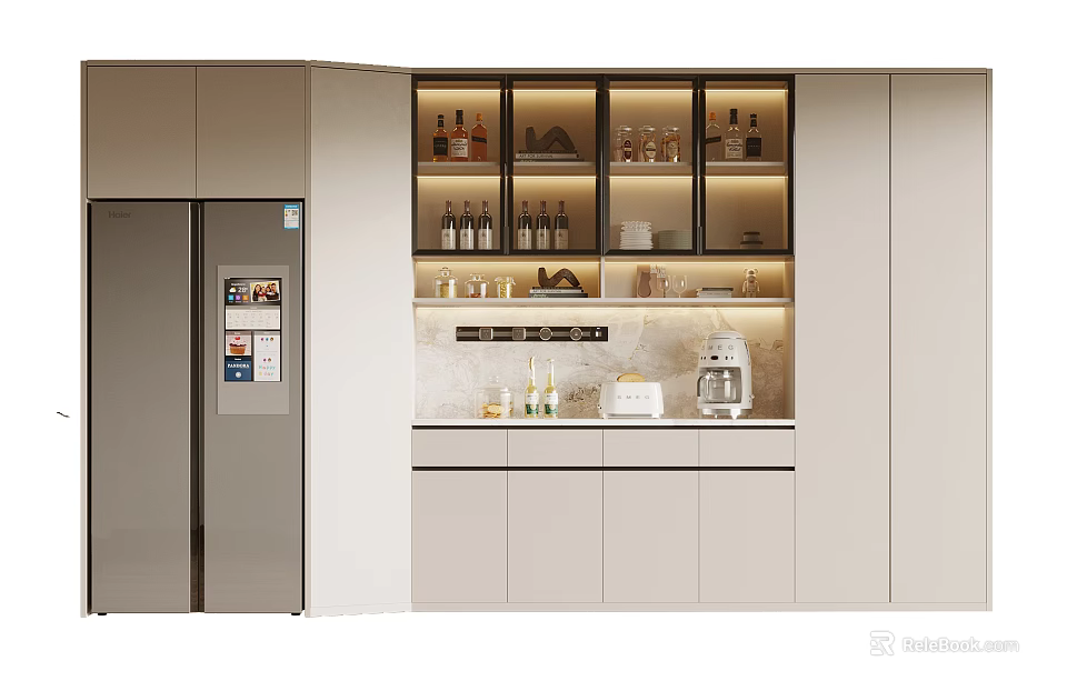 Modern Built in Wine Cabinet In Kitchen With Glass Doors LED Lighting And Coffee Machine 3d model 