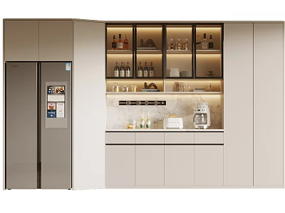 Modern Built in Wine Cabinet In Kitchen With Glass Doors LED Lighting And Coffee Machine 3d model