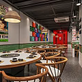 Modern Restaurant With Refrigerated Display Cases Neon Signs Hexagonal Floor Tiles And Dining Tables