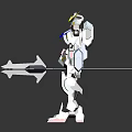 Detailed Mechanical Robot Figure With Yellow Blue White Armor Holding Spear Weapon Standing Pose
