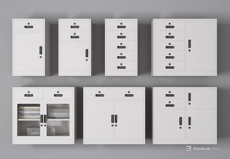 White Storage Bookcase With Drawers Cabinets And Glass Doors For Files And Books 3d model 