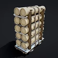 Military Weapons Cylindrical Artillery Shells Stacked on Wooden Rack for Storage