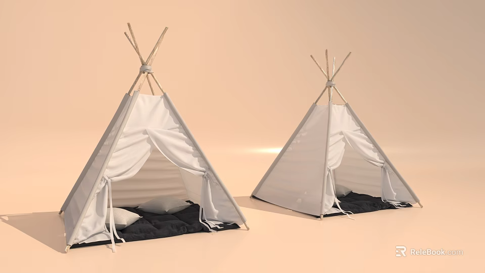 Cozy Camping Site Featuring White Tipi Tents With Black Cushions And Pillows 3d model 