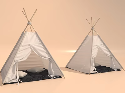 Cozy Camping Site Featuring White Tipi Tents With Black Cushions And Pillows 3d model