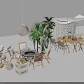 Outdoor Table With Wooden Chairs Tent Potted Plants Fire Pit Stuffed Bear And Storage Box