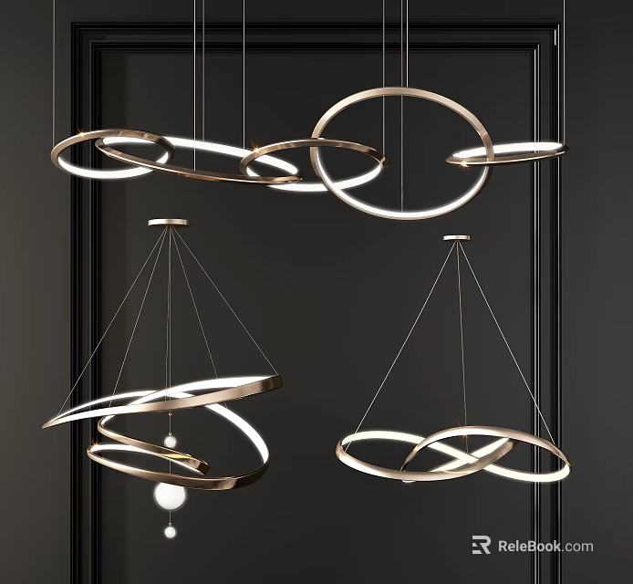 Modern Intertwined Circular Ring Chandeliers With Suspended Metallic Frames For Interior Lighting Design 3d model 