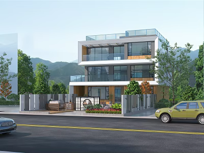 Modern Detached Villa Exterior Design With Balcony Mountain View Greenery And Trees 3d model