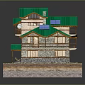 Cartoon Scene of Multi Story House With Green Roof Solar Panels Stone Walls And Balconies