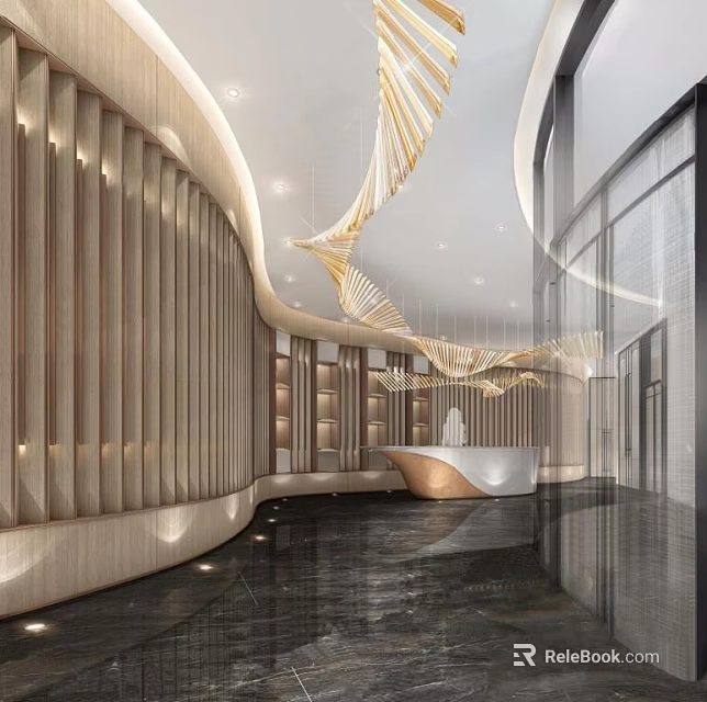 Modern Front Desk Reception Area With Curved Beige Walls And Golden Ceiling Decorations 3d model 