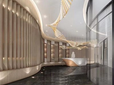 Modern Front Desk Reception Area With Curved Beige Walls And Golden Ceiling Decorations 3d model