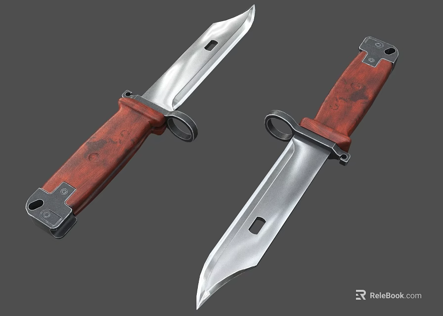 Tactical Military Knives With Red Wooden Handles Metal Blades And Handle Rings 3d model 