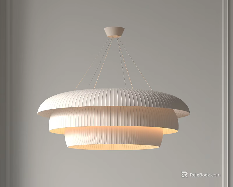 Modern White Ribbed Layered Chandelier Hanging From Ceiling In Minimalist Space 3d model 